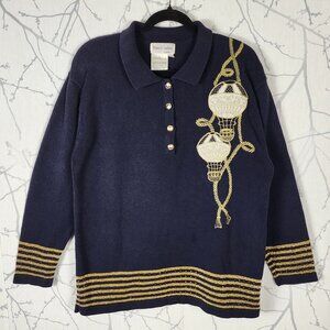Franco Valeri Navy Gold Ornaments Applique Collared Henley Sweater